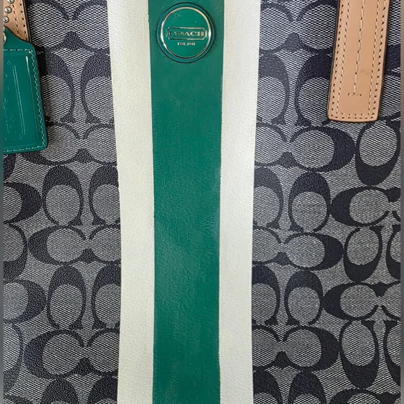 Coach Signature Stripe Large Carryall Tote-Navy Denim Look, Jade Green Stripe - Picture 3 of 16